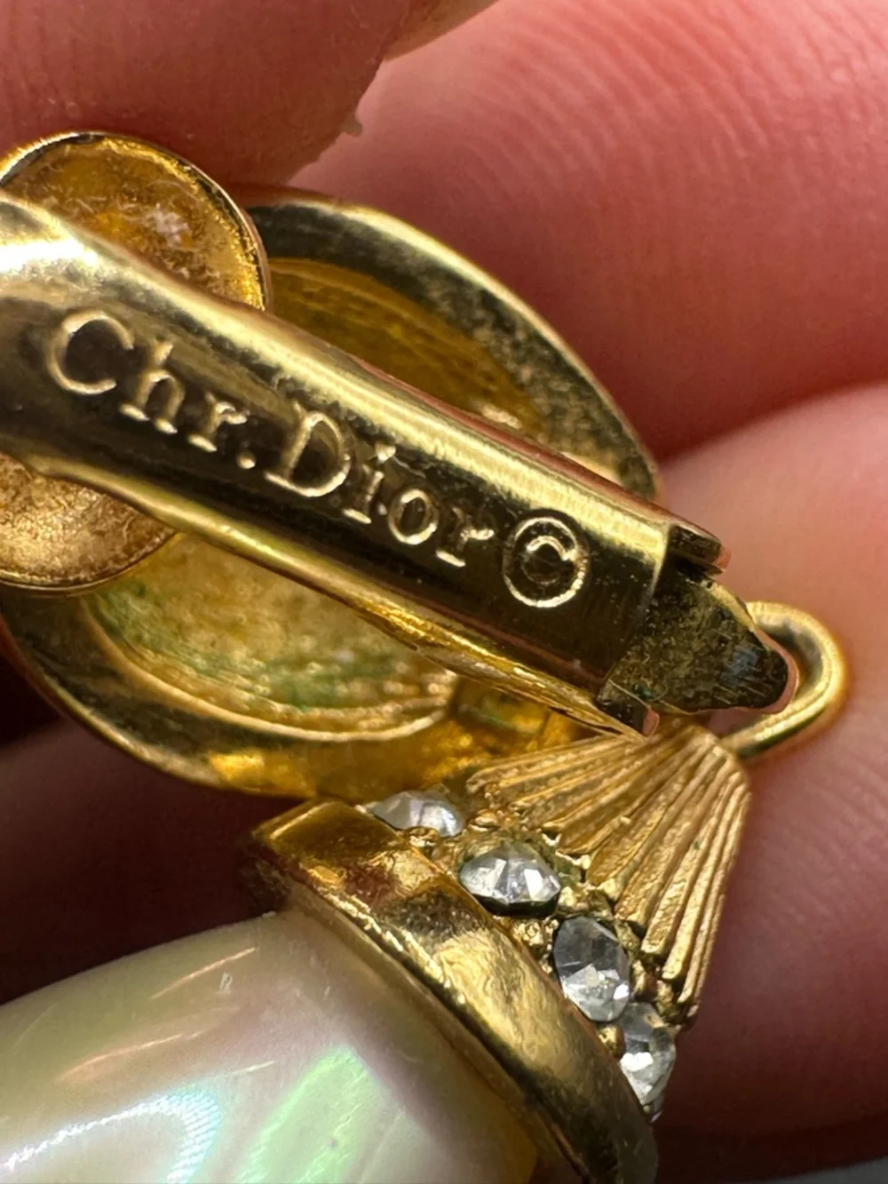 Dior Vintage Gold Crystal Pavé Earrings with White Pearl Drops clip on earrings - Picture 10 of 11